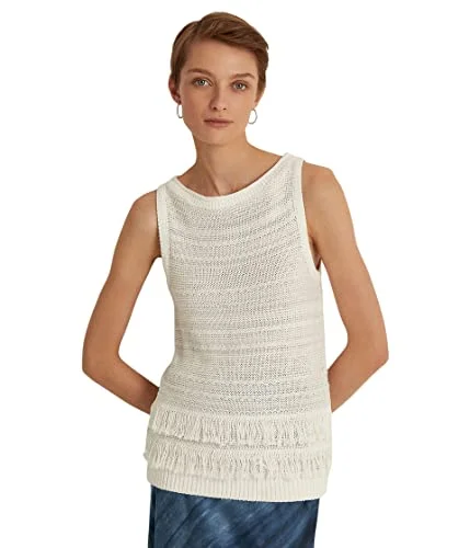 Lauren Ralph Lauren Fringe-Trim Sleeveless Sweater Turtle Neck Boat Neck Asymmetrical Neck Lauren Ralph Lauren Fringe-Trim Sleeveless Sweater Turtle Neck Boat Neck Asymmetrical Neck