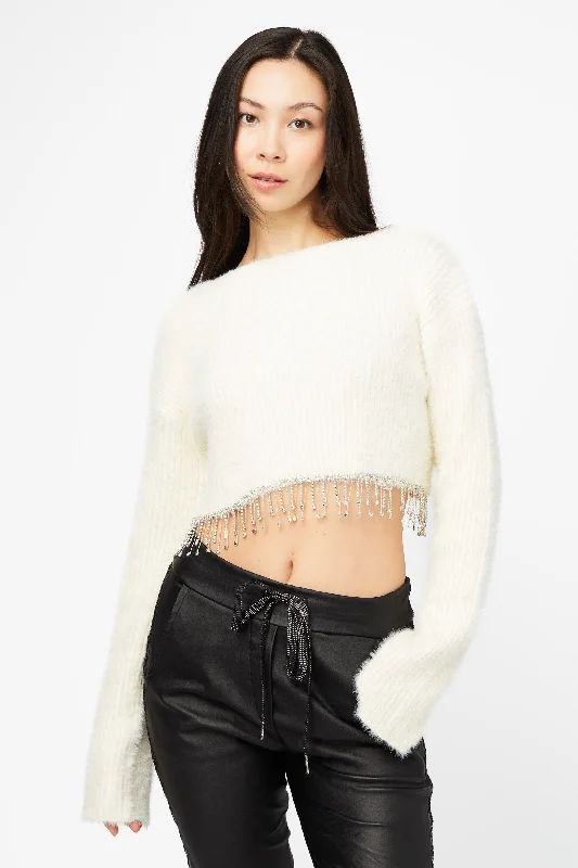 Paris Fuzzy Rhinestone Fringe Sweater Ribbed Striped Patterned