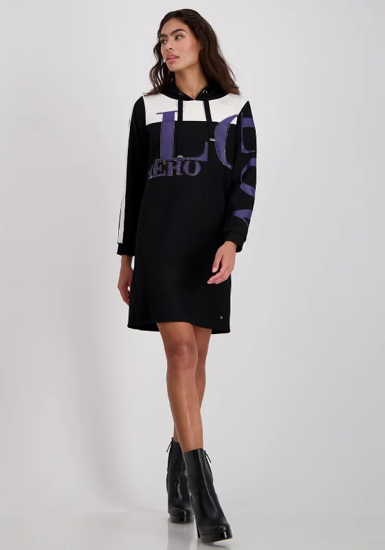 Monari Text Print Hooded Sweater Dress, Black Welt Pockets Slit Pockets Flap Pockets Monari Text Print Hooded Sweater Dress, Black Welt Pockets Slit Pockets Flap Pockets