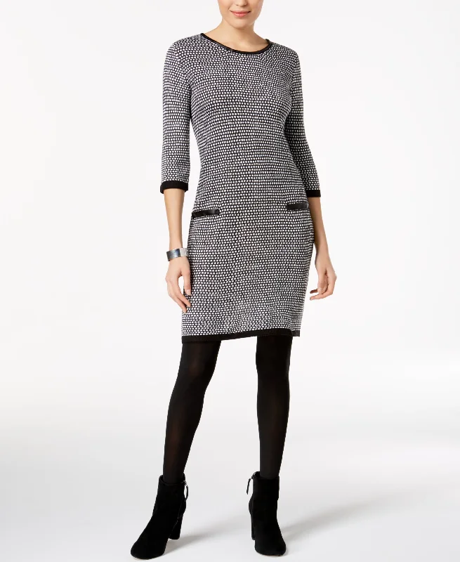 NY Collection Petite Faux Leather Trim Sweater Dress Satin Blend Silk Blend Wool Blend