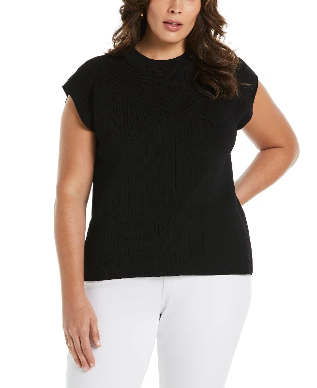 Plus Size Mixed Rib Mock Neck Sleeveless Sweater Fitted Loose Oversized