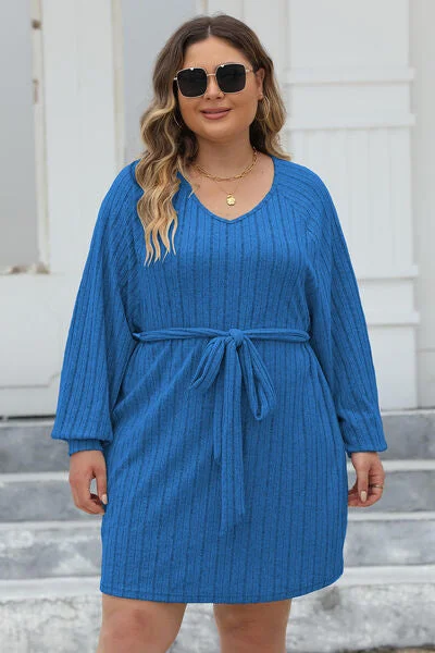 Ribbed Tie Front Long Sleeve Sweater Dress Toggled Drawstring Belted
