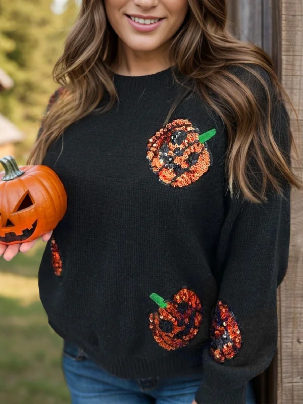 Plus Size Sequin Pumpkin Round Neck Sweater Solid Color Striped Floral Print