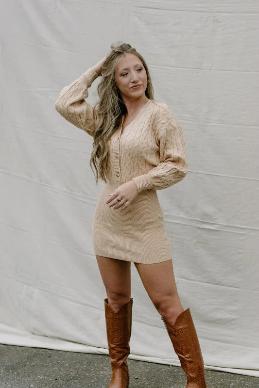 Sand Knit Sweater Mini Dress Zippered Buttoned Snapped