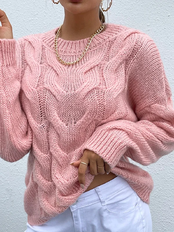 Shiny Cable-Knit Round Neck Long Sleeve Sweater Slim Fit Regular Fit Oversized
