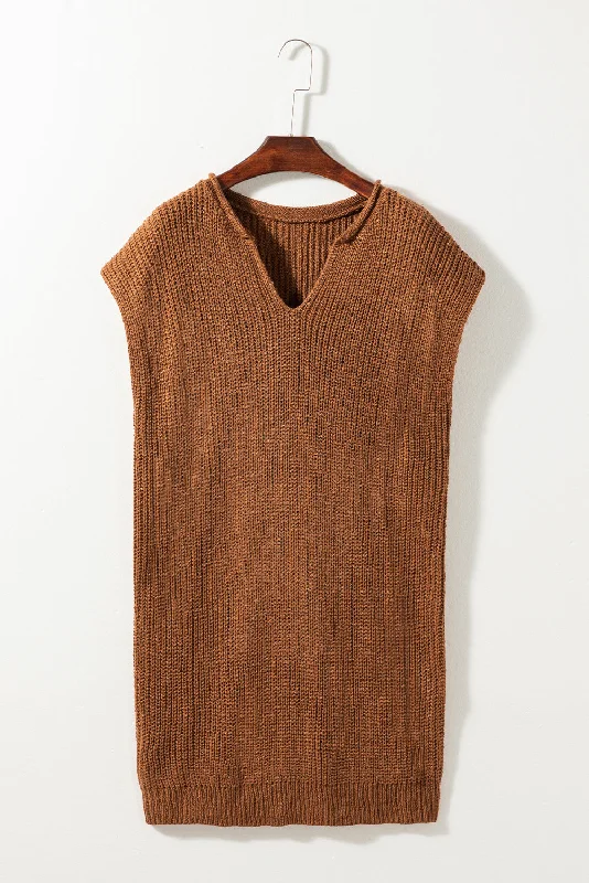 Solid Color Short Sleeve Notched V Neck Sweater Dress Front Pockets Side Pockets Patch Pockets Solid Color Short Sleeve Notched V Neck Sweater Dress Front Pockets Side Pockets Patch Pockets