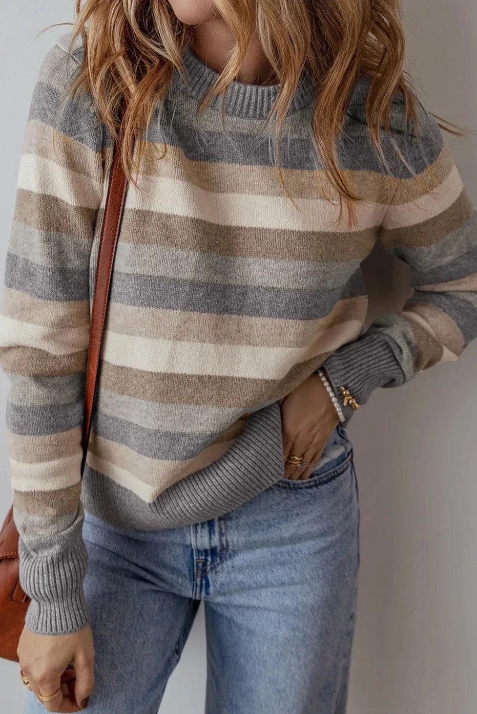 Striped Round Neck Long Sleeve Sweater High Neck Crew Neck V-Neck