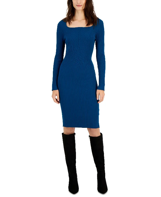 Taylor Womens Boat Neck Long Sleeve Ribbed Sweater Dress Toggled Drawstring Belted