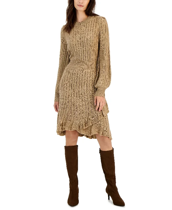 Taylor Womens Cable Knit Asymmetrical Hem Sweater Dress Silk Blend Satin Velvet