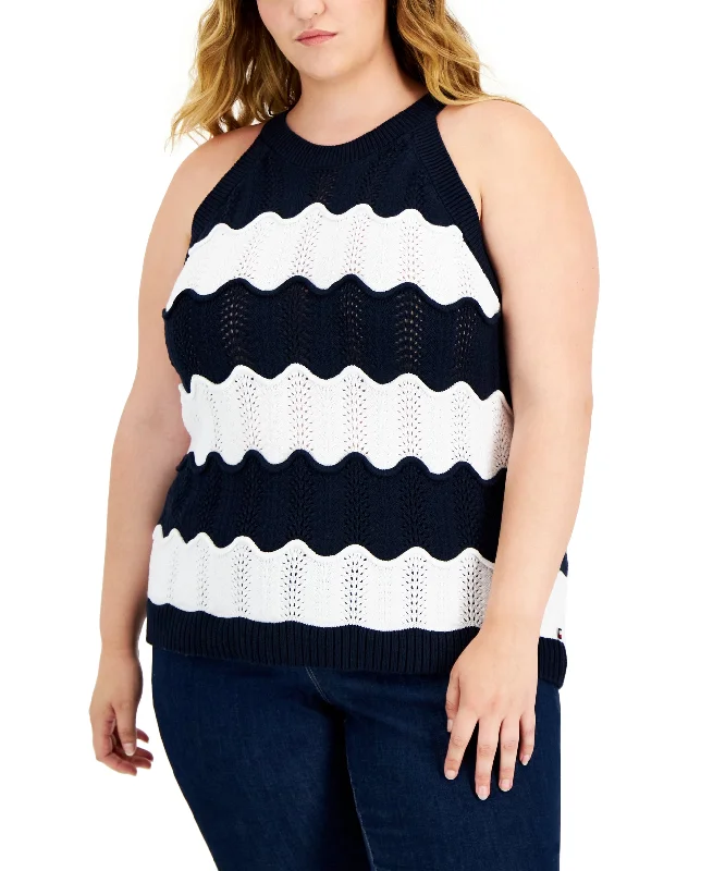 Tommy Hilfiger Plus Size Scallop Stripe Sleeveless Sweater Tank Top Hooded Caped Shawl Collar Tommy Hilfiger Plus Size Scallop Stripe Sleeveless Sweater Tank Top Hooded Caped Shawl Collar