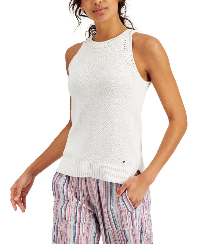 Tommy Hilfiger Womens Crochet Trim Sleeveless Sweater Houndstooth Herringbone Solid