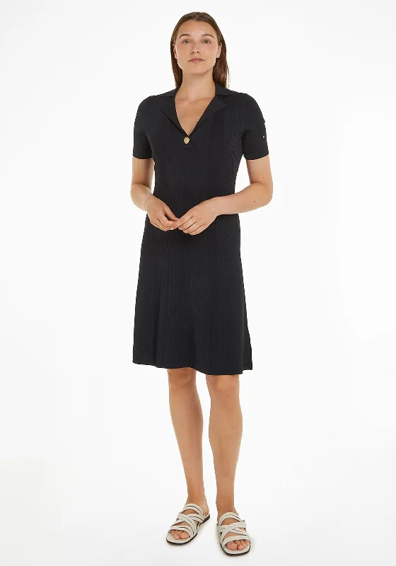 Tommy Hilfiger Womens Ribbed Polo Knee Length Sweater Dress, Desert Sky Casual Formal Business