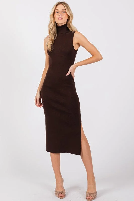 Turtle Neck Sleeveless Side Slit Midi Sweater Dress available in Brown Olive and Black Boxy Sweater Fitted Sweater A-Line