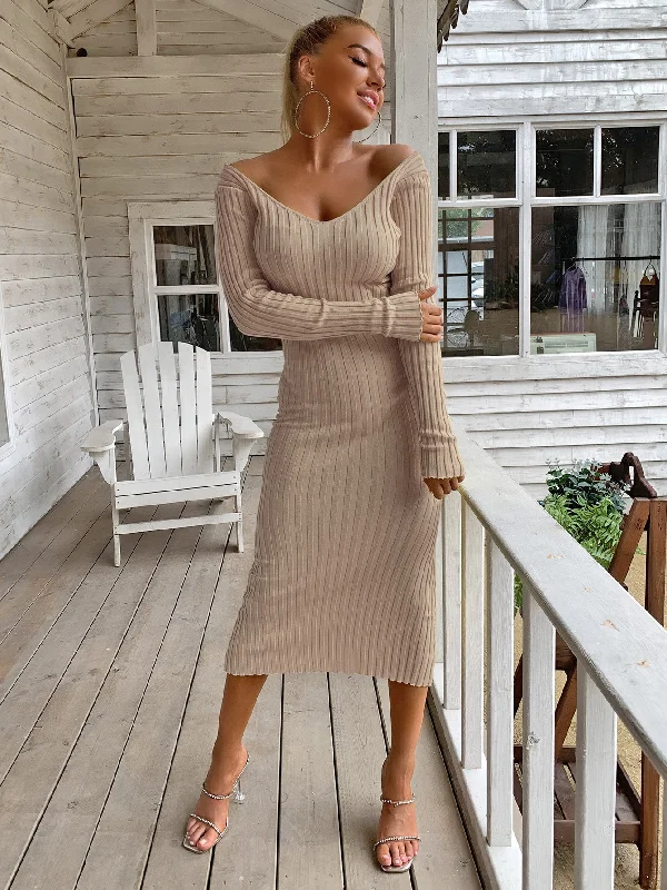 V-Neck Ribbed Knit Solid Sweater Dress Knit Fabric Woven Fabric Fleece Fabric