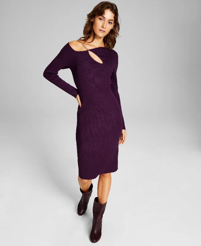 Women's Chain Cutout Long Sleeve Sweater Dress Beaded Sweater Sequined Faux Fur