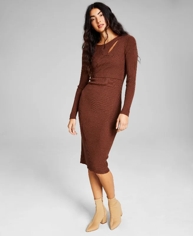 Women's Cutout Long-Sleeve Sweater Dress Zippered Buttoned Snapped