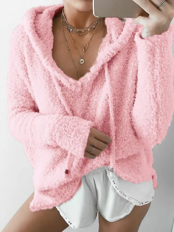 V-Neck Long Sleeve Hooded Sweater with Adjustable Drawstring Handmade Hand-knitted Hand-woven