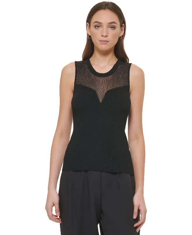 Women's Mesh-Yoke Sleeveless Ribbed Sweater Layered Multi-layer Single Layer