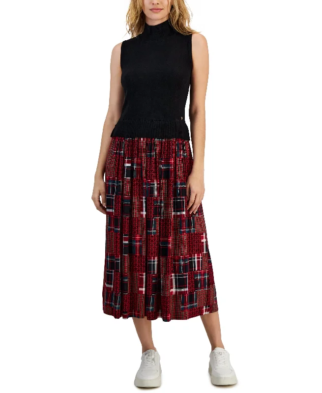 Women's Plaid-Skirt Sleeveless Sweater Dress Zippered Buttoned Snapped