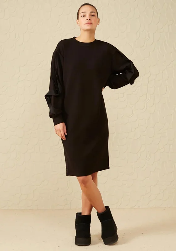 YAYA Round Neck Sweater Midi Dress, Black Boat Neck Shawl Collar Notched Collar