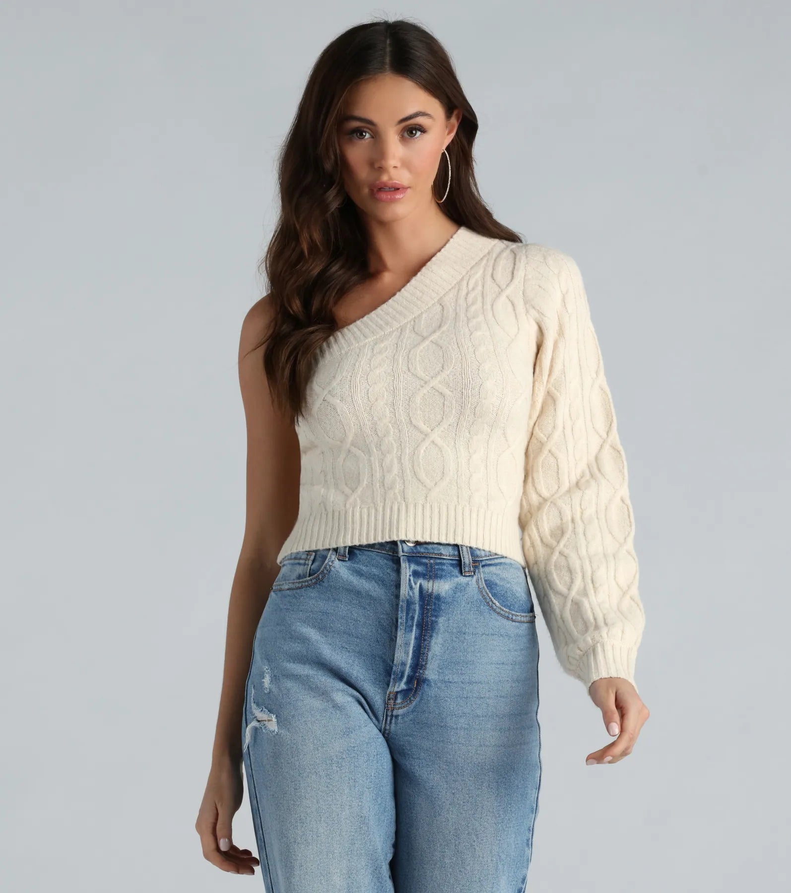 Better Half Cable Knit One Shoulder Sweater Top Cable Knit Ribbed Knit Lace Knit