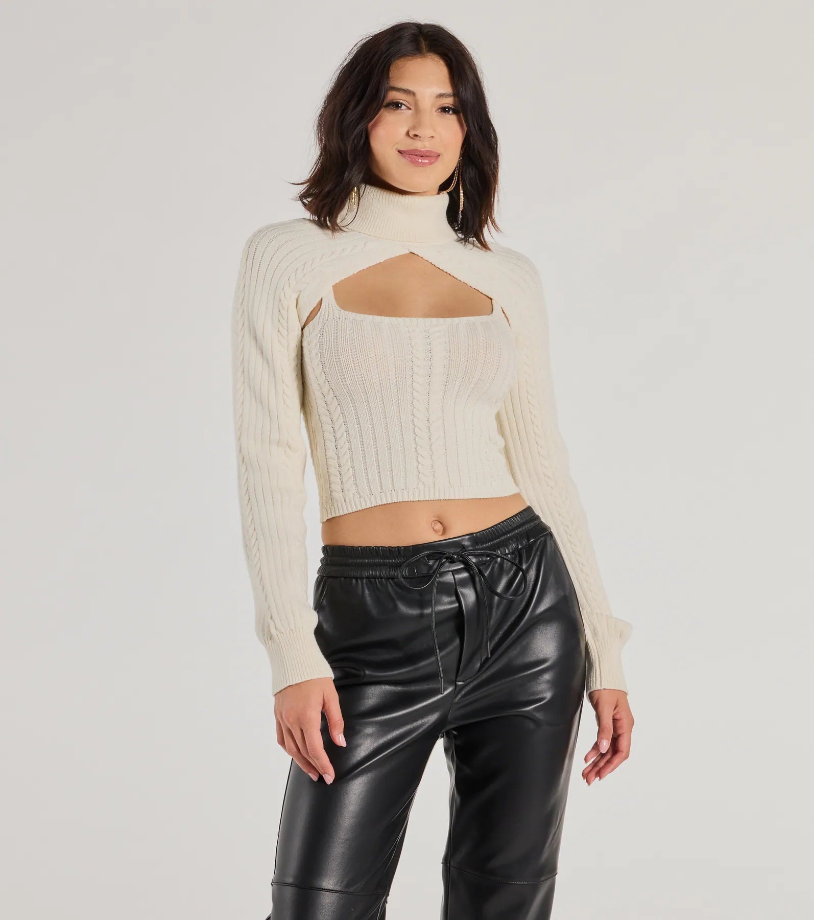 Cozy Casual Cable Knit Turtleneck Sweater Topper Real Fur Shearling Chenille