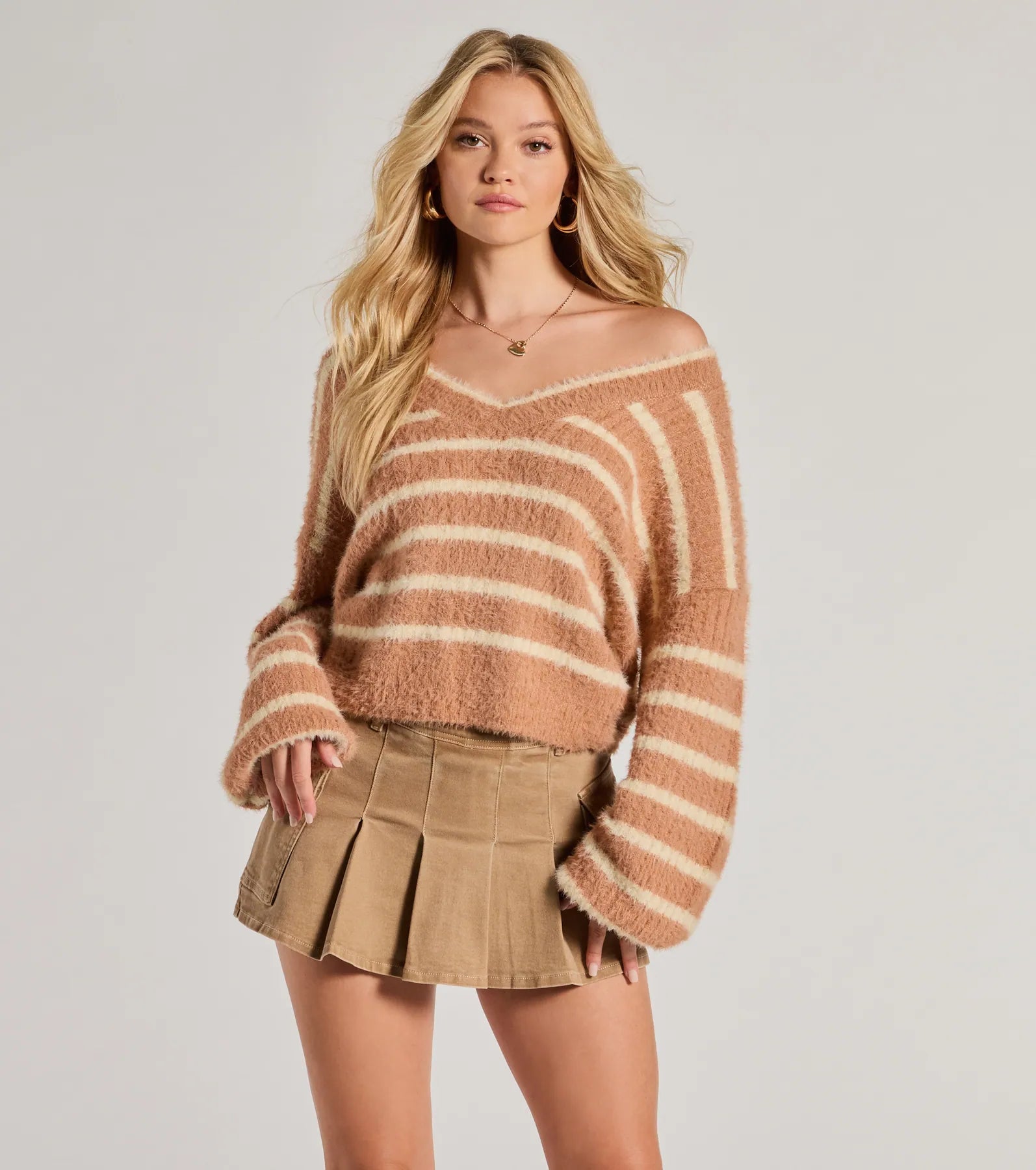 Cozy Charm Striped Eyelash Knit Sweater Fleece Sweater Nylon Polyester