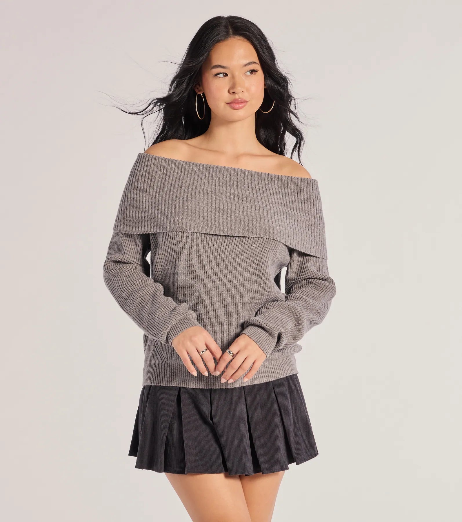 Cozy Factor Ribbed Knit Off-The-Shoulder Sweater Boxy Sweater Fitted Sweater A-Line