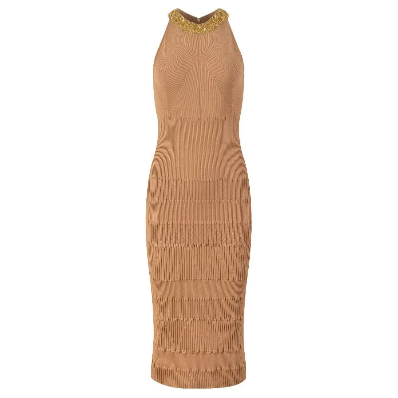 Sequin Beaded Collar Halter Neck Sweater Dress Chenille Brocade Lace
