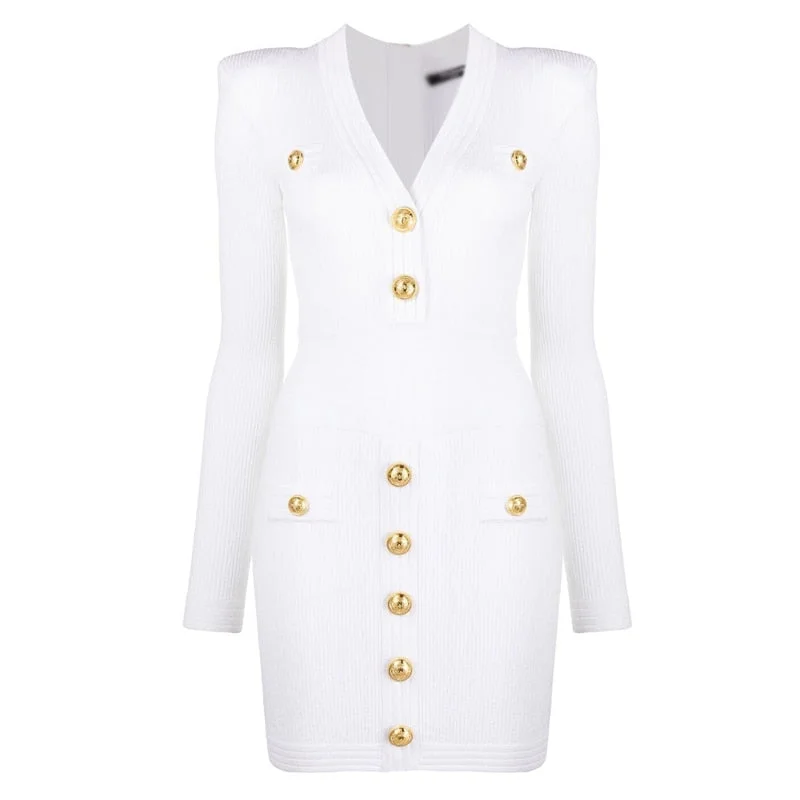 Gold Decorative Buttons Long Sleeve Mini Sweater Dress Silk Blend Satin Velvet