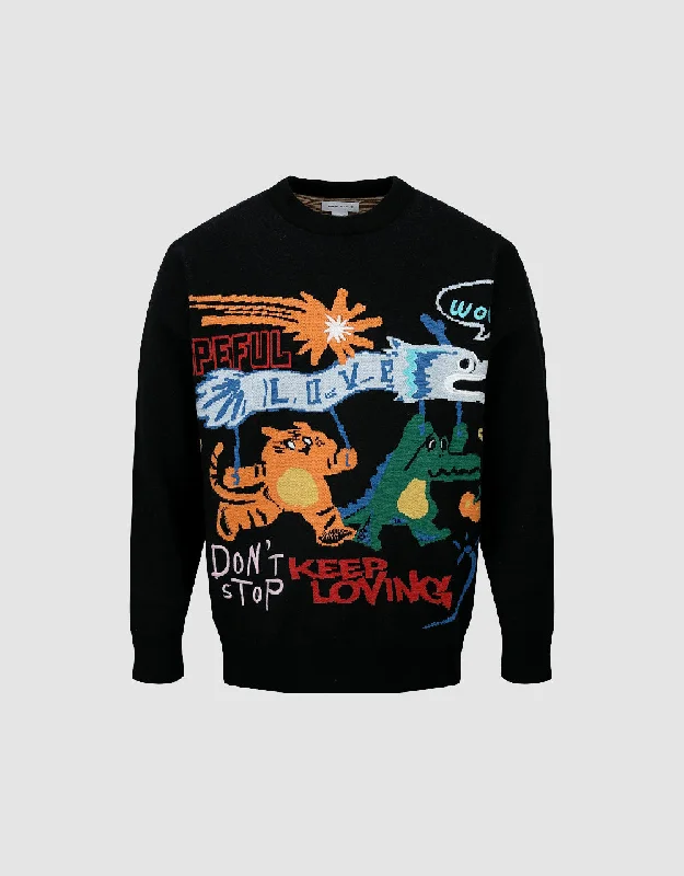 Cartoon Embroidered Crew Neck Sweater Stylish Fashionable Trendy