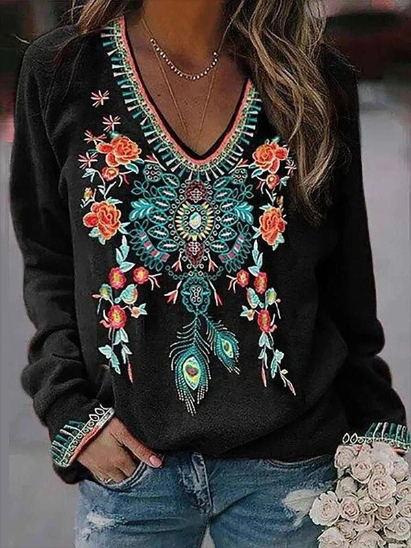 Embroidered V-Neck Sweater Velvet Chenille Corduroy