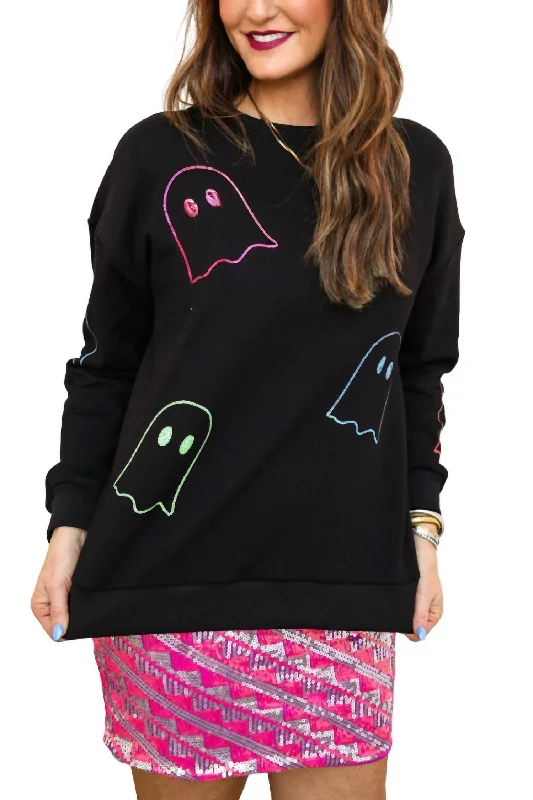 Ghost Sequin Pullover Sweatshirt In Black Hoodie with Patch Decorative Personalized