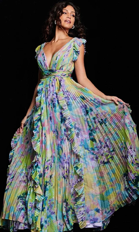 Jovani 34412 - Floral Print Flutter Long Dress Tunics Wedding white