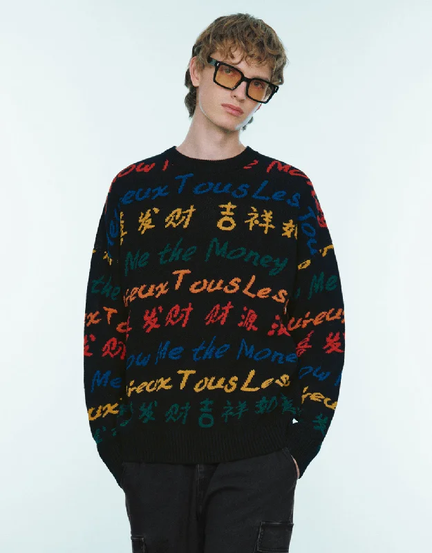 Letter Embroidered Crew Neck Sweater Casual Formal Business