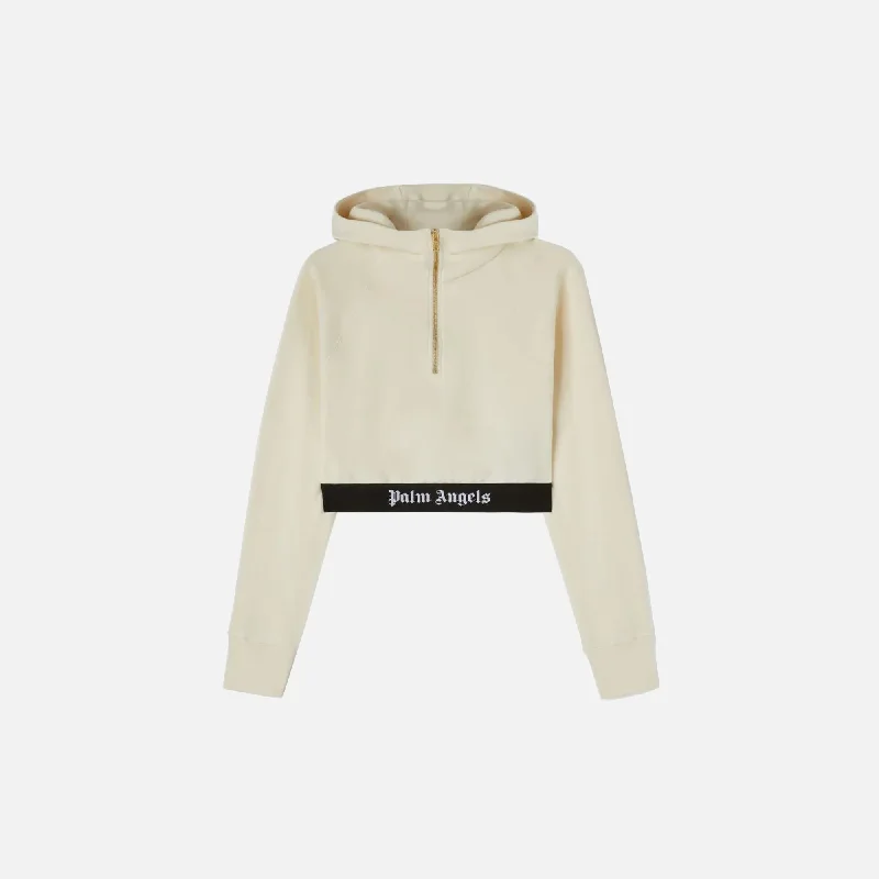 Palm Angels Logo Tape Zipped Hoodie - Off White / Black Hoodie with Batwing Sleeves Loose Dramatic Palm Angels Logo Tape Zipped Hoodie - Off White / Black Hoodie with Batwing Sleeves Loose Dramatic