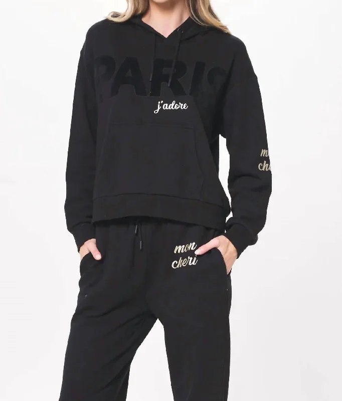 Paris Applique Hoodie In Black Hoodie with Stripes Bold Sporty