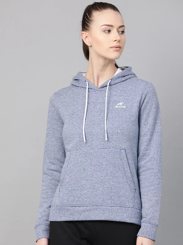 Alcis Women Blue Solid Hooded Sweatshirt Hoodie with Embroidery Detailed Premium