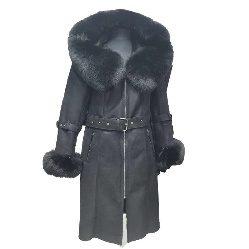Allis Black Belted Shearling coat with large fox fur hoodie Hoodie with Front Slit Layering Stylish Allis Black Belted Shearling coat with large fox fur hoodie Hoodie with Front Slit Layering Stylish