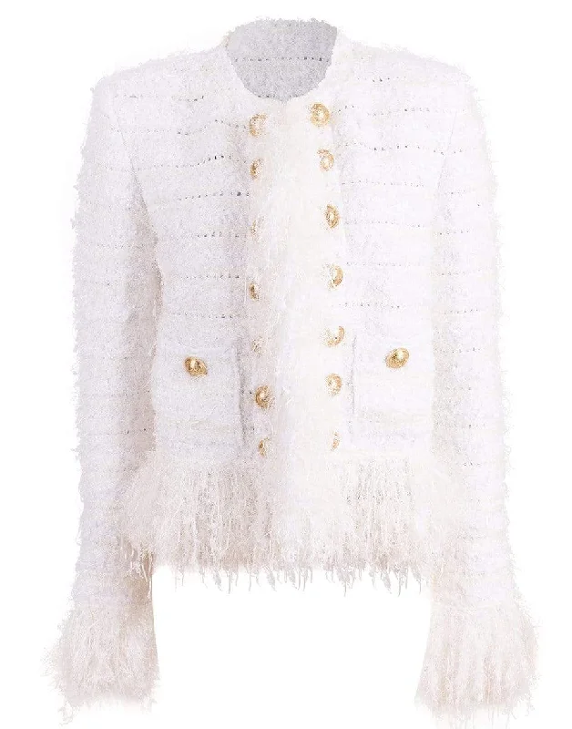 Blanc Collarless Fringe Tweed Jacket Front Pockets Side Pockets Patch Pockets