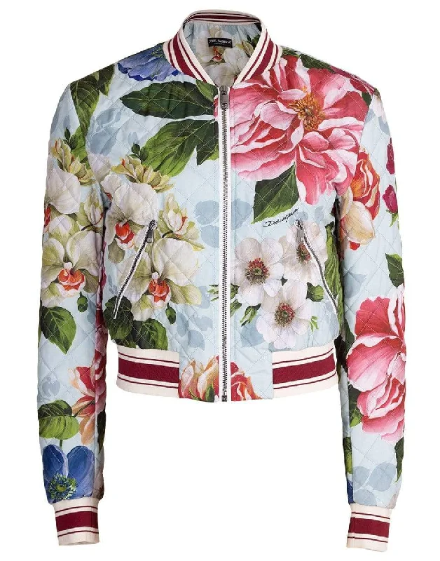 Blue Floral Print Quilted Bomber Jacket Stand-Up Collar Roll-Neck Collar Turtle Neck Blue Floral Print Quilted Bomber Jacket Stand-Up Collar Roll-Neck Collar Turtle Neck