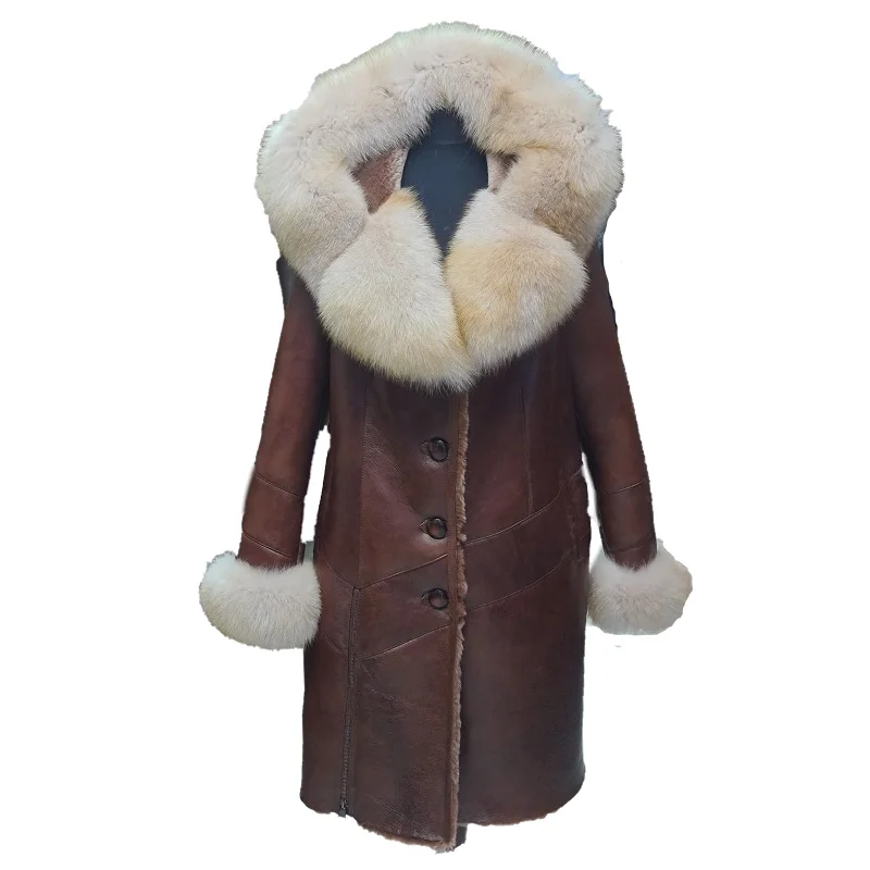 Burnett Brown Shearling coat with large fox fur hoodie and trim Hoodie with Hem Drawcord Adjustable Customizable Burnett Brown Shearling coat with large fox fur hoodie and trim Hoodie with Hem Drawcord Adjustable Customizable