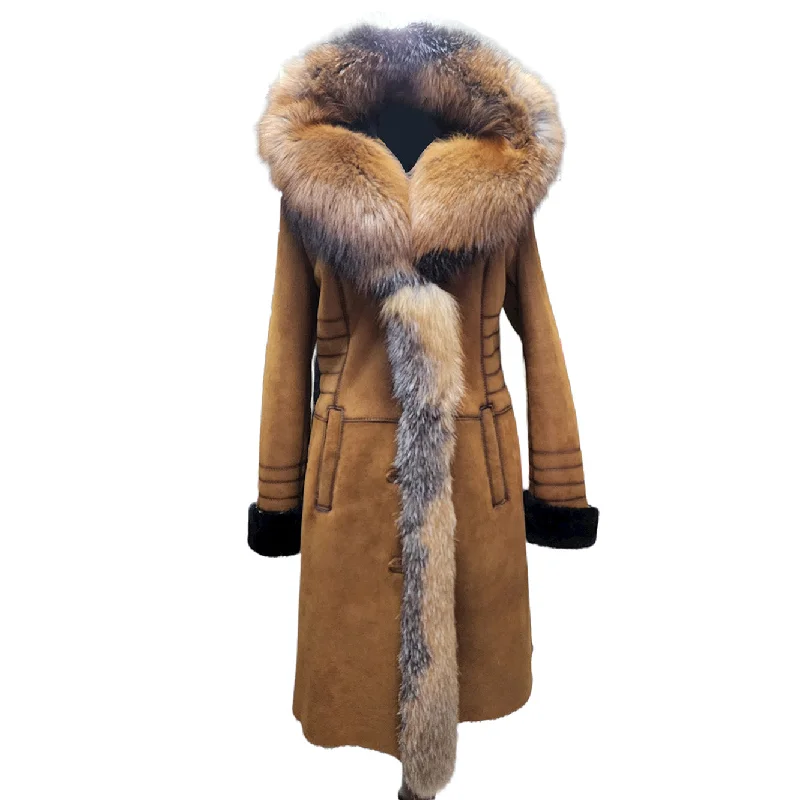 Chantal's Tan Shearling coat with large fox fur hoodie and trim Hoodie with Slit Hem Functional Movement Chantal's Tan Shearling coat with large fox fur hoodie and trim Hoodie with Slit Hem Functional Movement