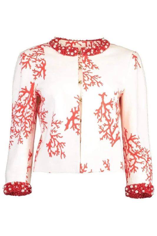 Coral Print Beaded Jacket Front Pockets Side Pockets Patch Pockets