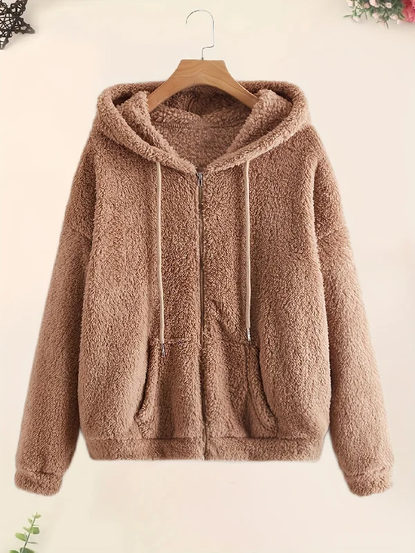 Cozy Plush Hoodie with Slant Pocket Casual Womens Outwear Hoodie with Hem Patch Decorative Personalized