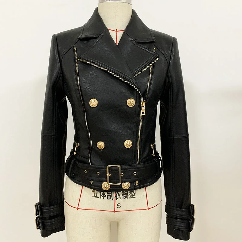 European And American New Style 2022 Spring Women's Jacket Fashion Slim Double Zipper Motorcycle Leather Jacket Herringbone Jacket Checkered Jacket Solid Jacket European And American New Style 2022 Spring Women's Jacket Fashion Slim Double Zipper Motorcycle Leather Jacket Herringbone Jacket Checkered Jacket Solid Jacket