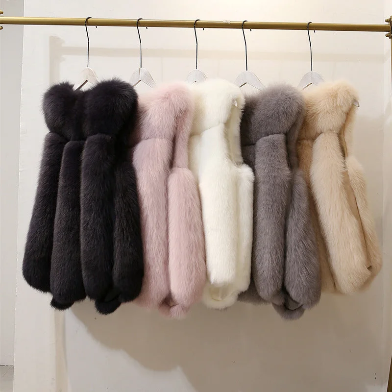 factory sale ladies fashion winter warm thicken jacket 4XL size faux fox fur with hood hot sale vet wholesale fur jacket Boat Neck Shawl Collar Notched Collar