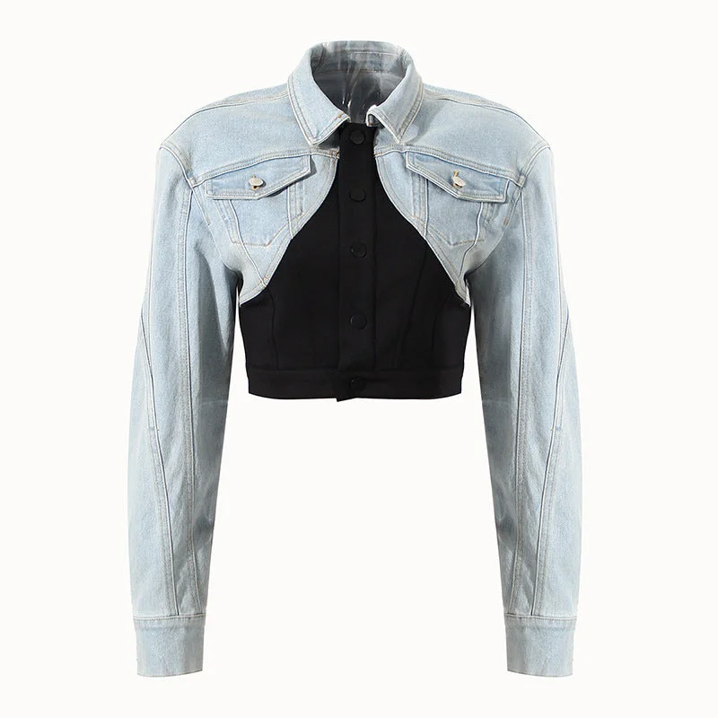 Fashionable jacket women fall 2022 streetwear short casual retro false two pieces of stitching denim jacket for women Fleece Fabric Down Fabric Feather Fabric Fashionable jacket women fall 2022 streetwear short casual retro false two pieces of stitching denim jacket for women Fleece Fabric Down Fabric Feather Fabric