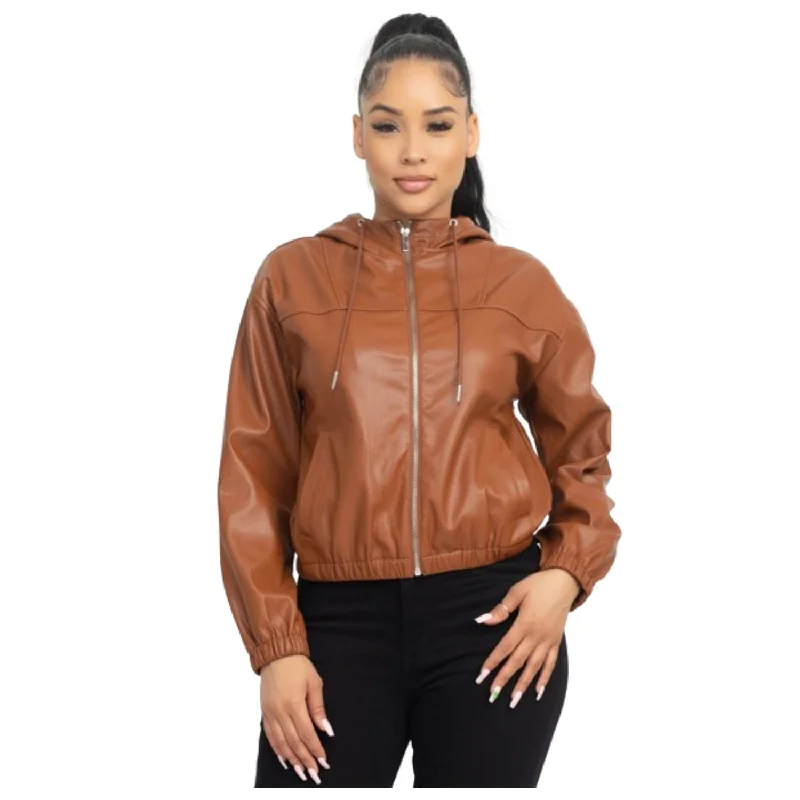 Faux Leather Hoodie Jacket Front Pockets Side Pockets Patch Pockets