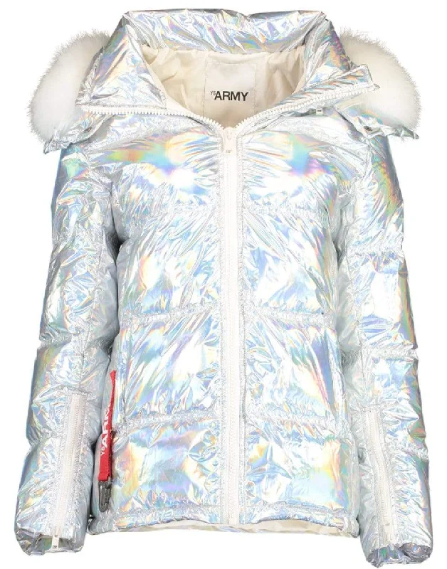 Fur Trim Holographic Jacket Zip Front Button Front Snap Front